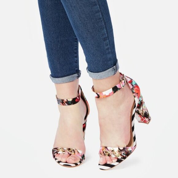 NEW! 'Persefinee' Floral Stripe Mixed Print Open Toe Block Heel Sandals Shoes - Picture 7 of 7